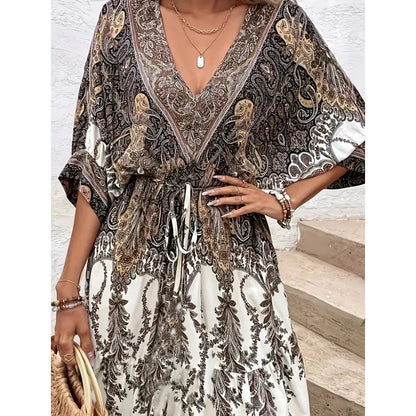Women V-Neck Tie Front Short Sleeve Floral A-Line Beach Bohemian Flowy Waist Dress