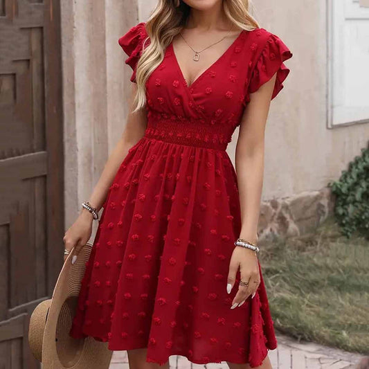 Jacquard Big Fur Ball Elastic Waist Ruffle Sleeve Short Sleeve V-neck Dress Abysaz Kollectionz
