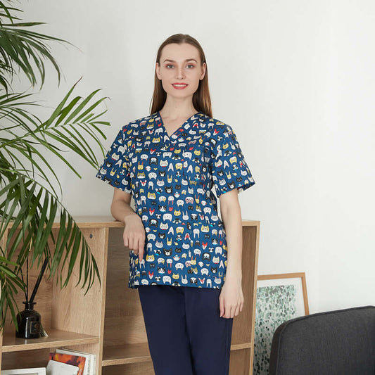 Men's And Women's V-neck Printed Surgical Clothes, Hand Washing Clothes, Work Clothes, Short Sleeves Abysaz Kollectionz