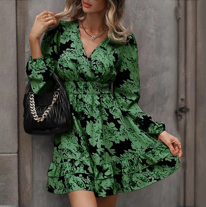 Women Elegant Printed Lantern Sleeve A-Line Dress V-Neck, Ruffle Waist Detail, Flowy Midi Dress
