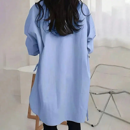 Women Casual Solid Color Loose Long Sleeve Side Slit Tie Button Shirt