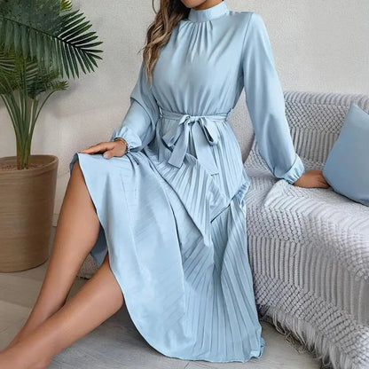 Elegant Solid Color High Collar Long Sleeve Pleated Flowing Dress