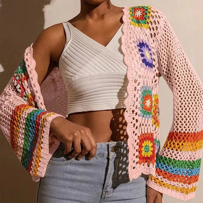 Women Elegant Crochet Cardigan - Long Sleeve Open Front Vibrant Color Block Coat
