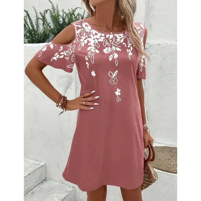 Women Summer off Shoulder round Neck Floral Print Beach Vacation Bohemian Dress