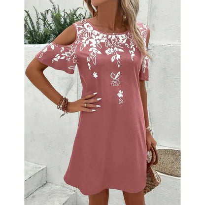 Women Summer off Shoulder round Neck Floral Print Beach Vacation Bohemian Dress