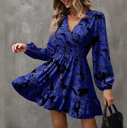 Women Elegant Printed Lantern Sleeve A-Line Dress V-Neck, Ruffle Waist Detail, Flowy Midi Dress