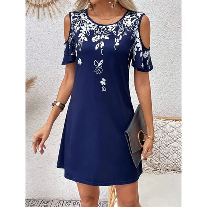 Women Summer off Shoulder round Neck Floral Print Beach Vacation Bohemian Dress