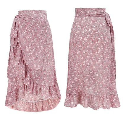 Woman Skirts High Waist Fashion Long Black Knotted Tied Wrap Floral Ruffle Chiffon A-Line Split Skirt Spring Summer Clothes - Abysaz Kollectionz