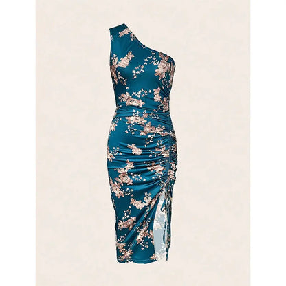 Summer Women One Shoulder Pleated High Slit Floral Slim Dress