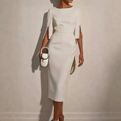 Women Elegant Solid Pearl Embellished Back Zipper and Slit Sleeves round Neck Dress