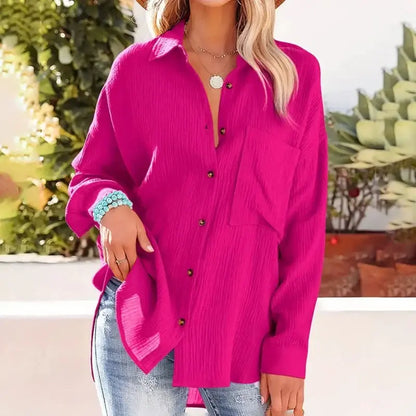 Women Casual Simple Solid Color V-Neck Textured Button Long Sleeve Shirt