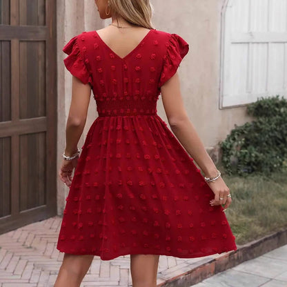 Jacquard Big Fur Ball Elastic Waist Ruffle Sleeve Short Sleeve V-neck Dress Abysaz Kollectionz
