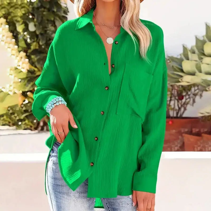 Women Casual Simple Solid Color V-Neck Textured Button Long Sleeve Shirt