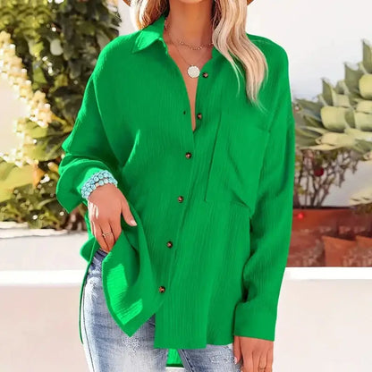 Women Casual Simple Solid Color V-Neck Textured Button Long Sleeve Shirt