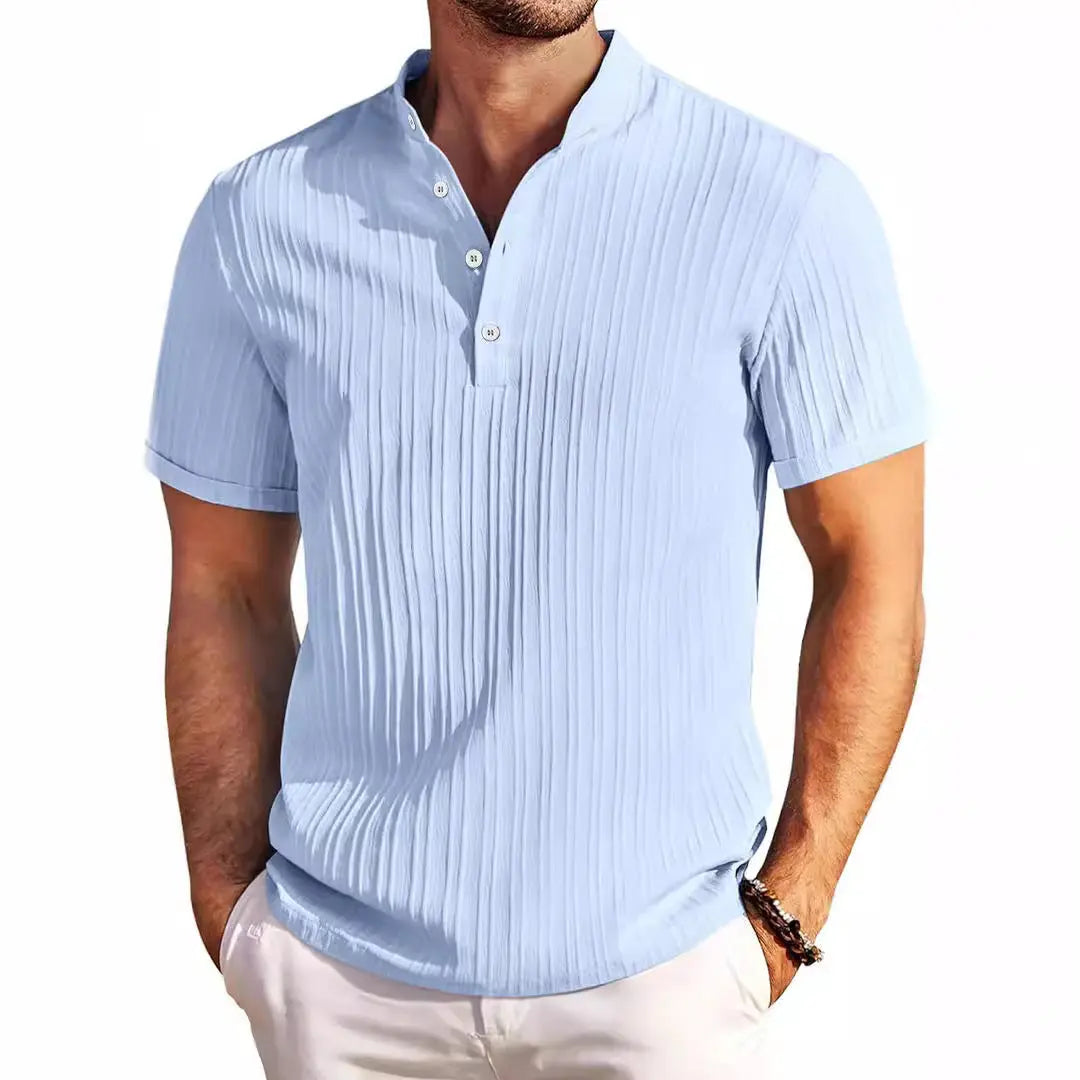 Summer Stand Collar Buttons Short Sleeve T-shirt Solid Color Stripe POLO Shirt Fashion Casual Beach Clothing For Men - Abysaz Kollectionz