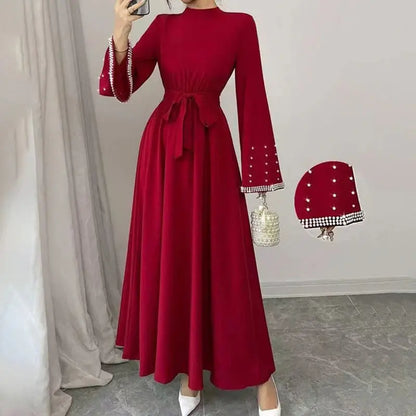 Women Elegant Shiny Embellished Belted Turtleneck Long Sleeve Maxi Dress