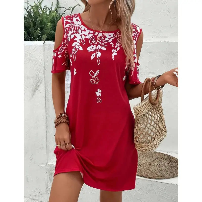 Women Summer off Shoulder round Neck Floral Print Beach Vacation Bohemian Dress