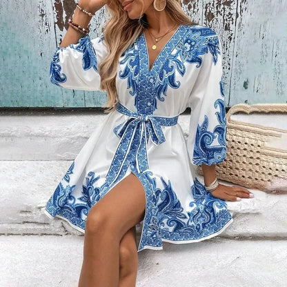 Women Elegant V Neck Lantern Sleeve Wrap Waist Tie Floral Print Dress