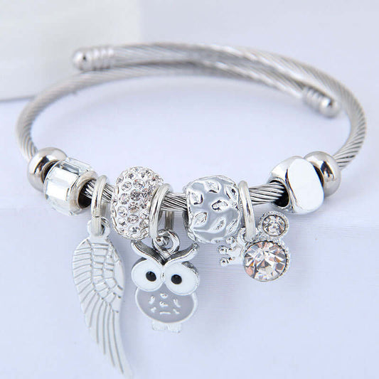 Abysaz Kollectionz DIY Beaded Owl Angel Wings Pendant Stainless Steel Bracelet Abysaz Kollectionz