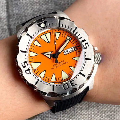 Luminous 42Mm 200M Diving AR Sapphire Crystal Monster Orange Dial NH36A Mens Automatic Watch 3.8 O'Clock Day Lume Rubber