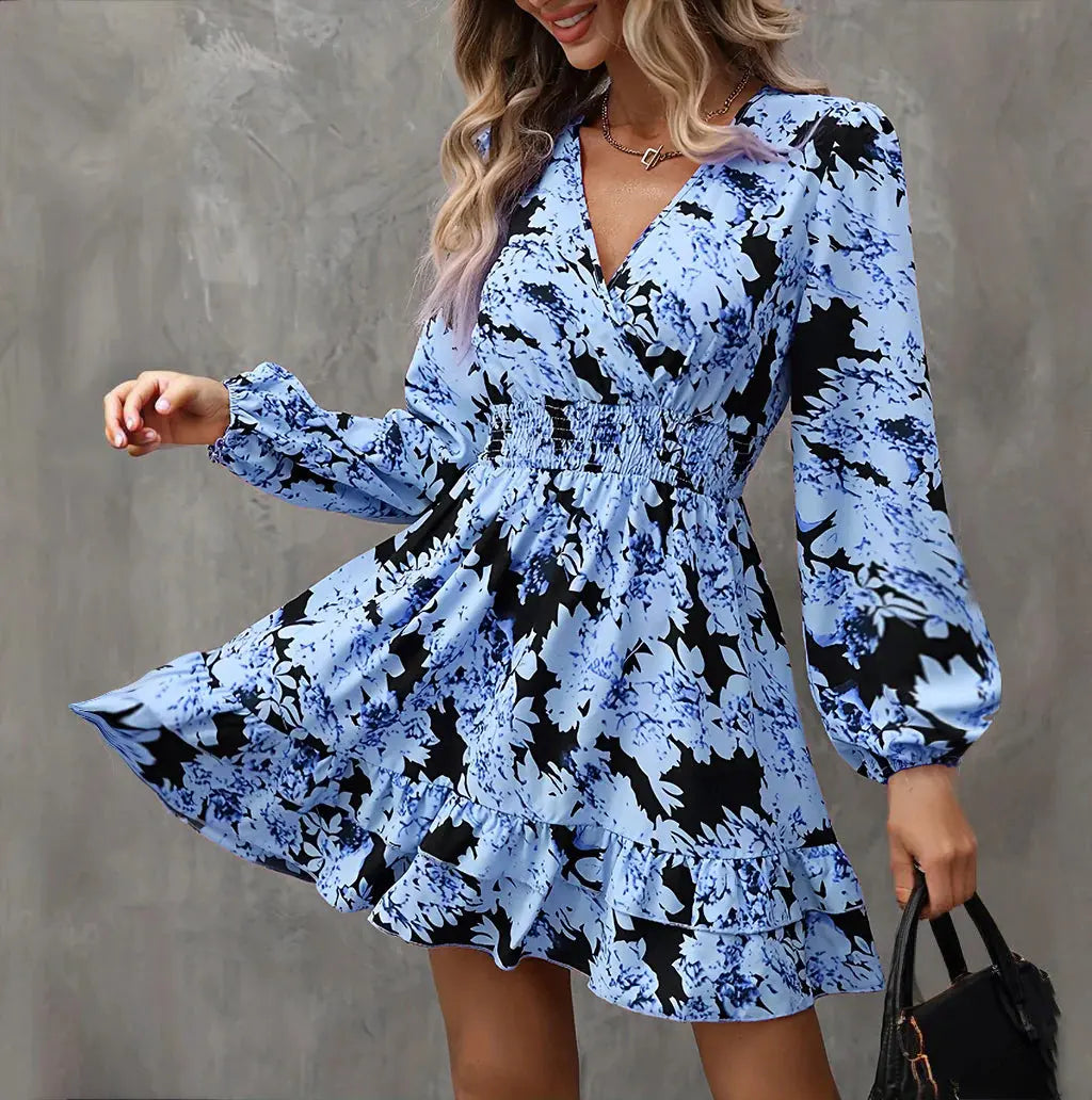 Women Elegant Printed Lantern Sleeve A-Line Dress V-Neck, Ruffle Waist Detail, Flowy Midi Dress