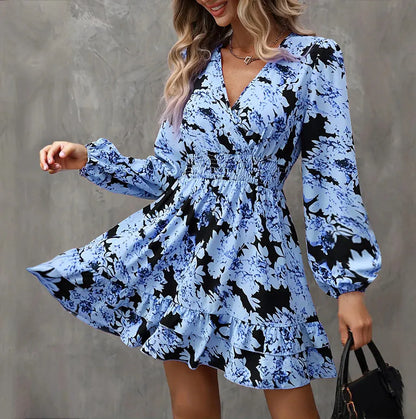 Women Elegant Printed Lantern Sleeve A-Line Dress V-Neck, Ruffle Waist Detail, Flowy Midi Dress