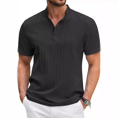 Summer Stand Collar Buttons Short Sleeve T-shirt Solid Color Stripe POLO Shirt Fashion Casual Beach Clothing For Men - Abysaz Kollectionz