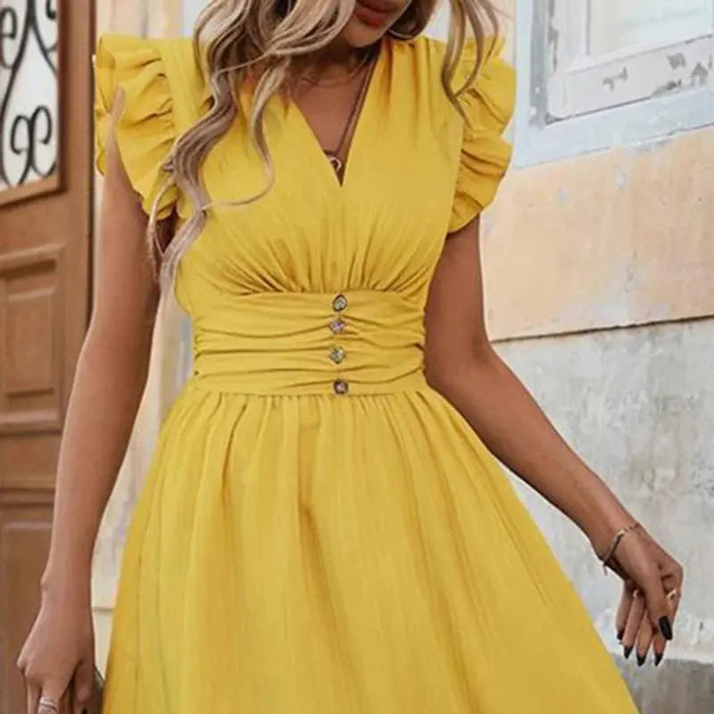 Women Solid Color Sleeveless V Neck High Waist Ruffle Hem Bohemian Flowy Summer Dress
