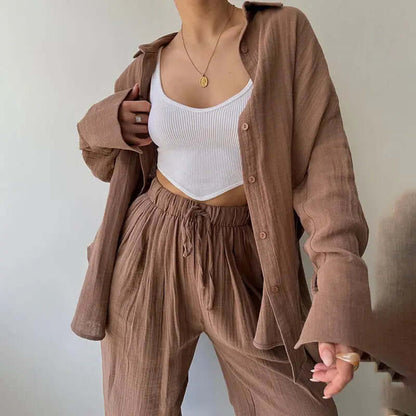 Women Casual Loose Solid Color Lapel Long Sleeve Shirt and High Waist Pants Set
