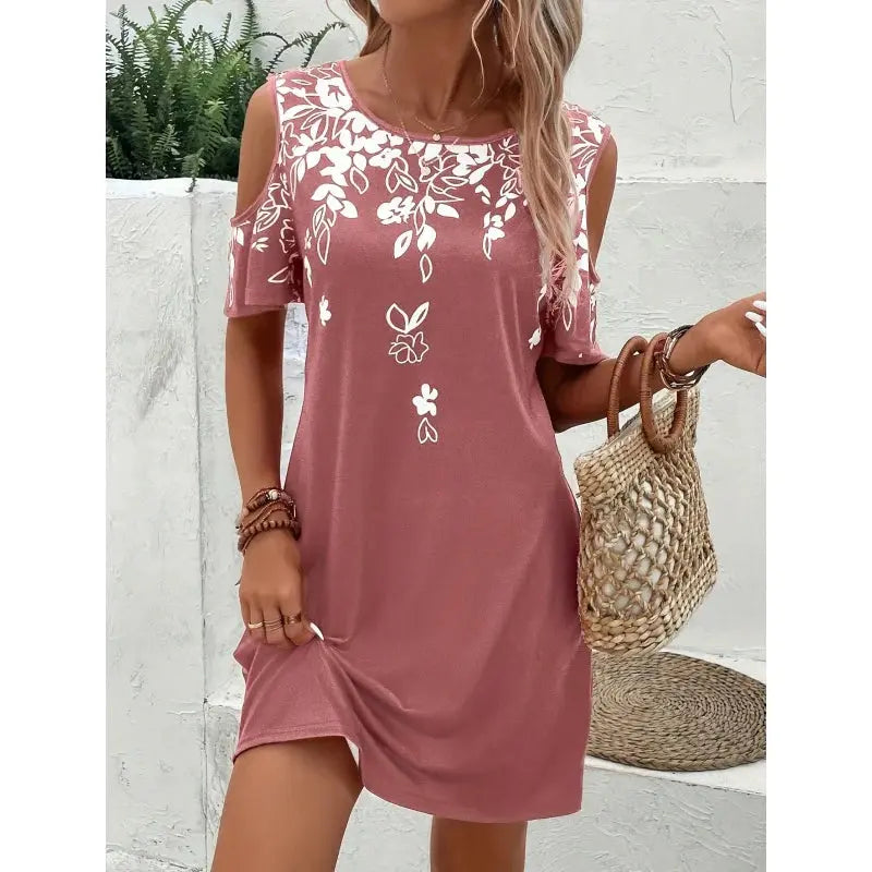 Women Summer off Shoulder round Neck Floral Print Beach Vacation Bohemian Dress