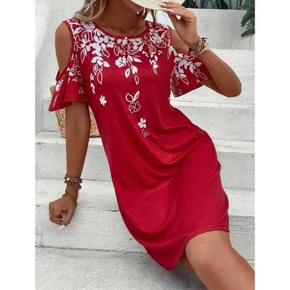 Women Summer off Shoulder round Neck Floral Print Beach Vacation Bohemian Dress