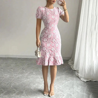Women Short Puff Sleeve round Neck Ruffle Hem Floral Jacquard Slim Fit Dress