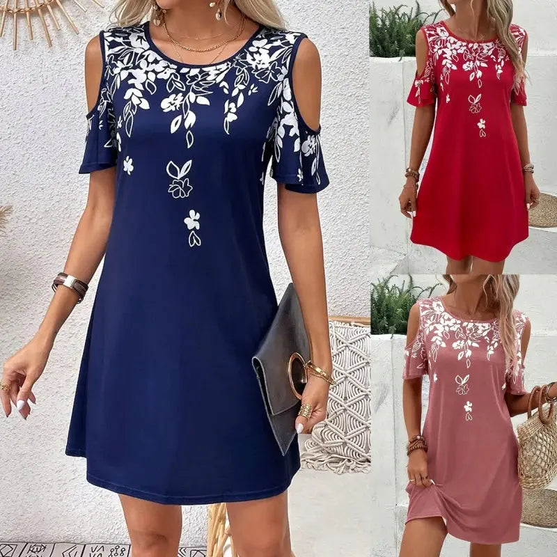 Women Summer off Shoulder round Neck Floral Print Beach Vacation Bohemian Dress