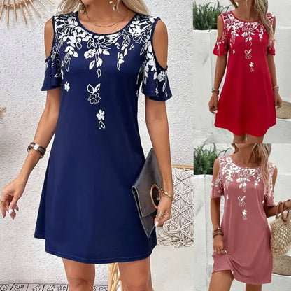 Women Summer off Shoulder round Neck Floral Print Beach Vacation Bohemian Dress
