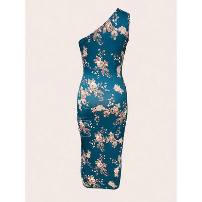 Summer Women One Shoulder Pleated High Slit Floral Slim Dress