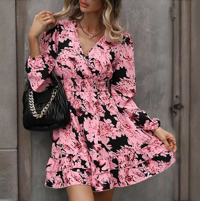 Women Elegant Printed Lantern Sleeve A-Line Dress V-Neck, Ruffle Waist Detail, Flowy Midi Dress