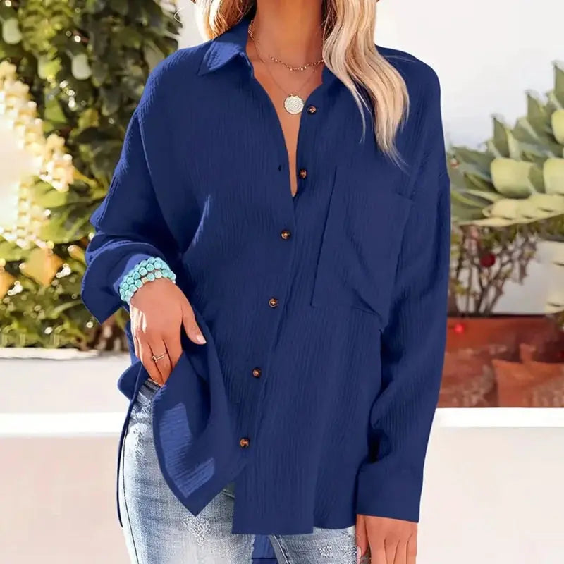 Women Casual Simple Solid Color V-Neck Textured Button Long Sleeve Shirt