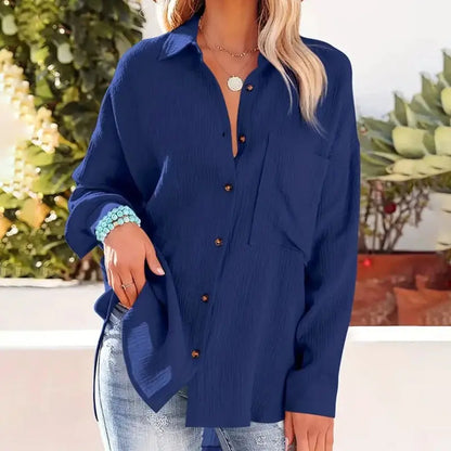Women Casual Simple Solid Color V-Neck Textured Button Long Sleeve Shirt