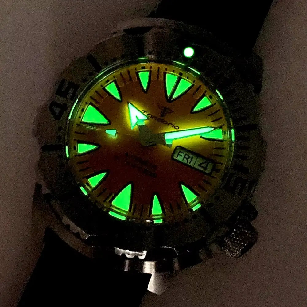 Luminous 42Mm 200M Diving AR Sapphire Crystal Monster Orange Dial NH36A Mens Automatic Watch 3.8 O'Clock Day Lume Rubber