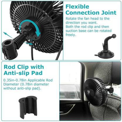 Abysaz Kollectionz 1Pc Car Cooling Fan Portable Rotatable USB Vehicle Fan Backseat Clip Fan Dashboard Window Suction Fan For SUV RV Pickup With 3 Speeds Abysaz Kollectionz