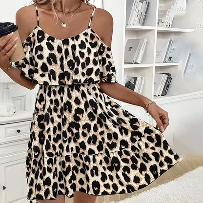 Women Sexy Leopard Print Sleeveless Dress - Flowy Spaghetti Strap Mini Dress