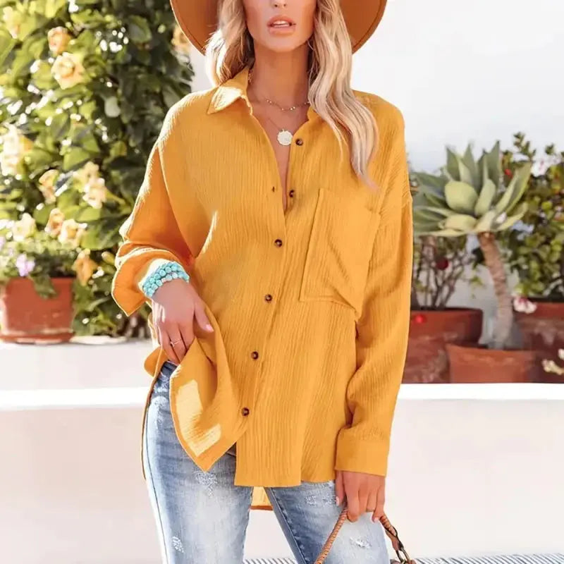 Women Casual Simple Solid Color V-Neck Textured Button Long Sleeve Shirt