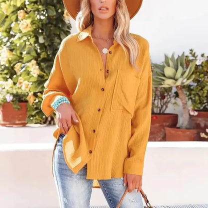 Women Casual Simple Solid Color V-Neck Textured Button Long Sleeve Shirt