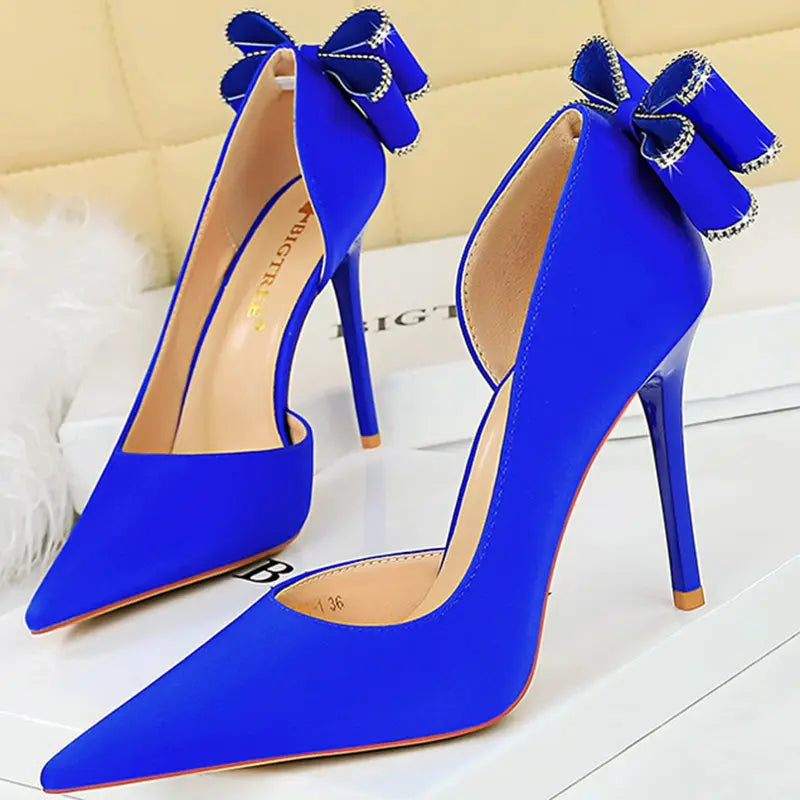 Women 10.5cm High Heels Silk Pumps Sweet Style Rhinestone Bow Super High Heels Lady Fetish Wedding Bridal Pink Green Blue Shoes - Abysaz Kollectionz