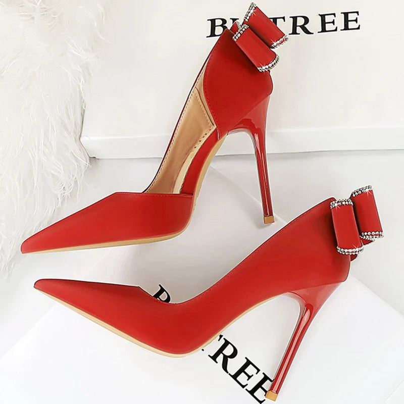 Women 10.5cm High Heels Silk Pumps Sweet Style Rhinestone Bow Super High Heels Lady Fetish Wedding Bridal Pink Green Blue Shoes Abysaz Kollectionz