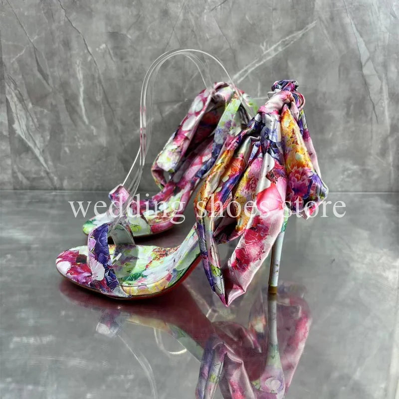 Fashion Colourful Flowers Printed Lace-up High Heels Sexy Bowknot Ankle Strap Women Summer Wedding Party Sandals Bag Shoes Abysaz Kollectionz