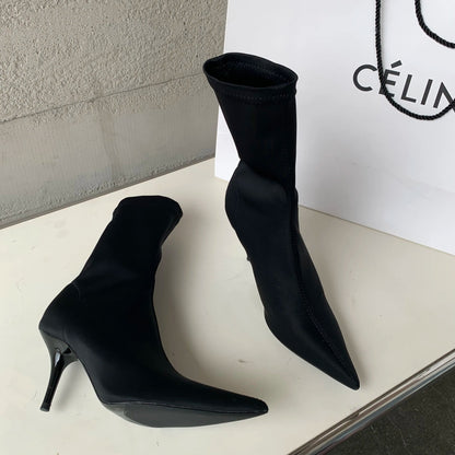 Eilyken 2025 New Spring Autumn Stretch Fabric Women Ankle Boots Sexy Pointed Toe High Heels Fashion Female Socks Pumps Shoes Abysaz Kollectionz