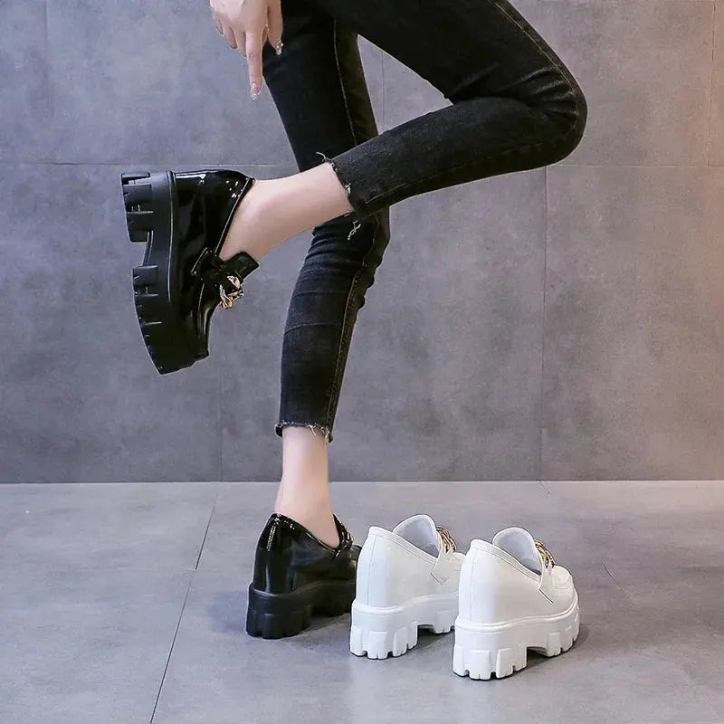 Women Patent Leather Chunky Sneakers Loafers Breathable Chain High Heels Platform Casual Shoes Flats Woman Vulcanize - Abysaz Kollectionz