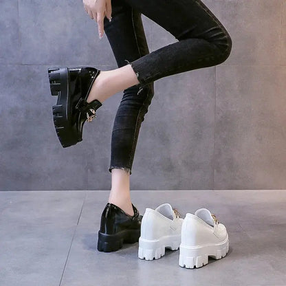 Women Patent Leather Chunky Sneakers Loafers Breathable Chain High Heels Platform Casual Shoes Flats Woman Vulcanize - Abysaz Kollectionz
