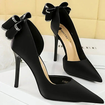 Women 10.5cm High Heels Silk Pumps Sweet Style Rhinestone Bow Super High Heels Lady Fetish Wedding Bridal Pink Green Blue Shoes - Abysaz Kollectionz